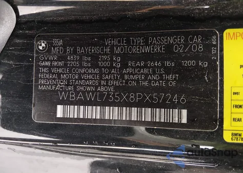 2008 BMW 335I from USA, damaged, VIN WBAWL735X8PX57246